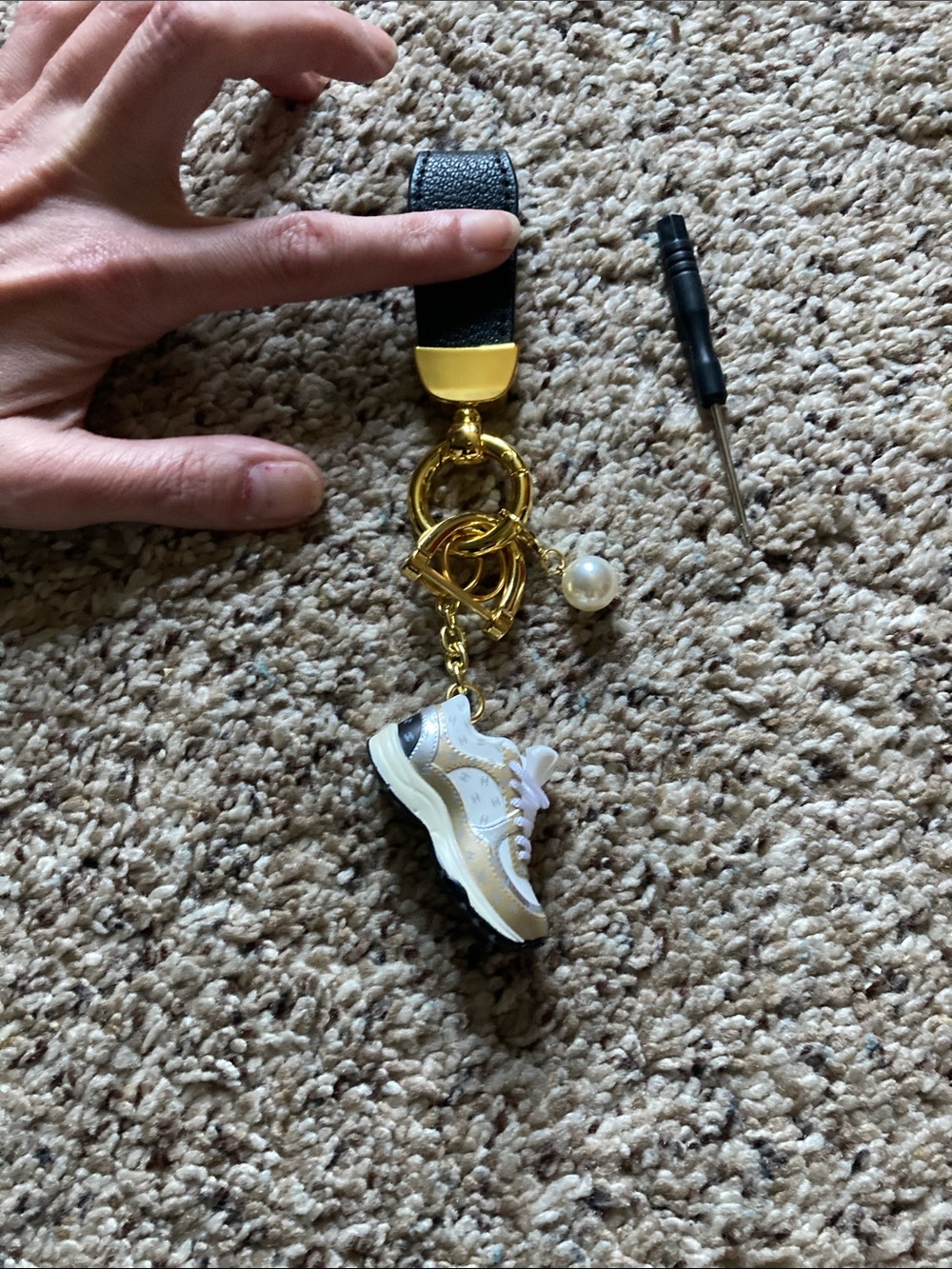 Gold & White Sneaker Charm Keychain with Pearl Accent